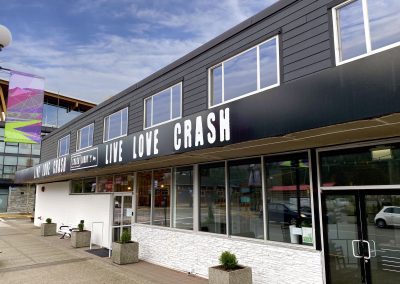 View of the enterence of the Crash Hotel in Squamish.