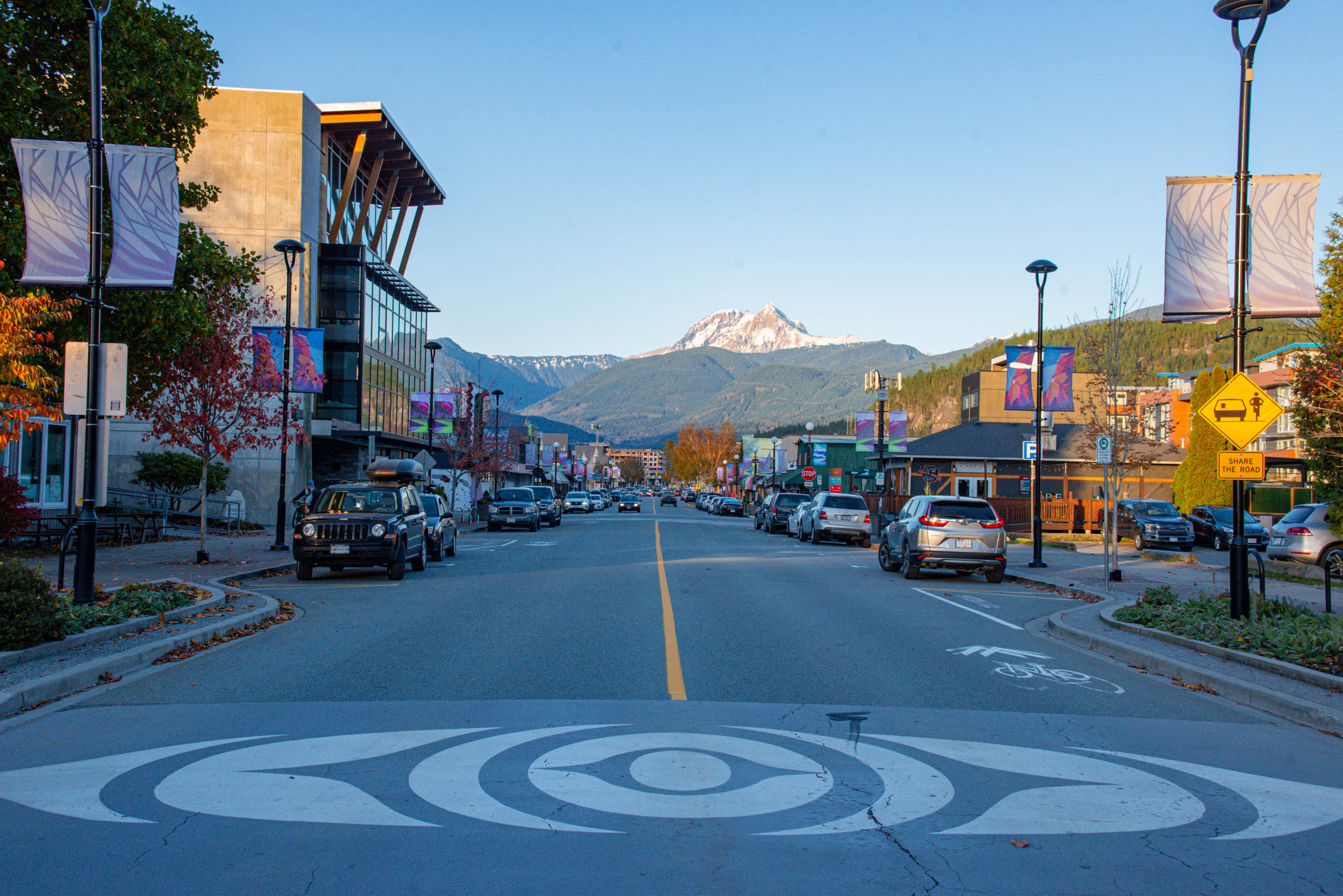 View of downtown Squamish, in front of The Crash Hotel. 