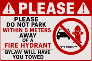 Squamish Parking Notice. Do not park within 5 meters of fire hydrants. 